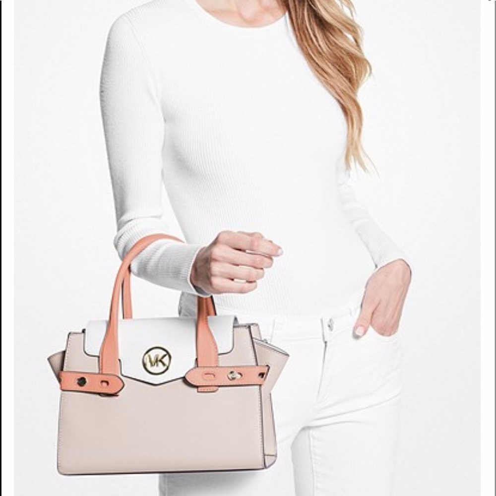 Michael Kors Carmen Medium Color-Block Faux Saffiano Leather Belted Satchel - Picture 2 of 8